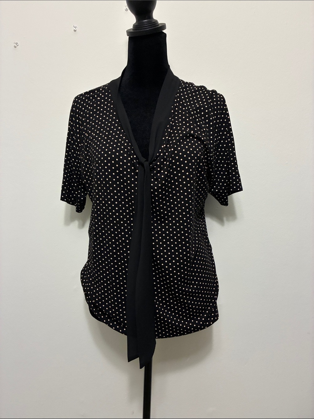 Talbots Black Shirt with White Polka Dots and Tie Front